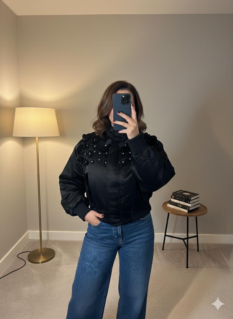 Daisy Embellished Bomber Jacket – Black