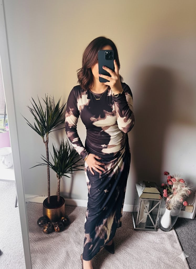 Alessia Floral Mesh Maxi Dress – Mocha Bloom