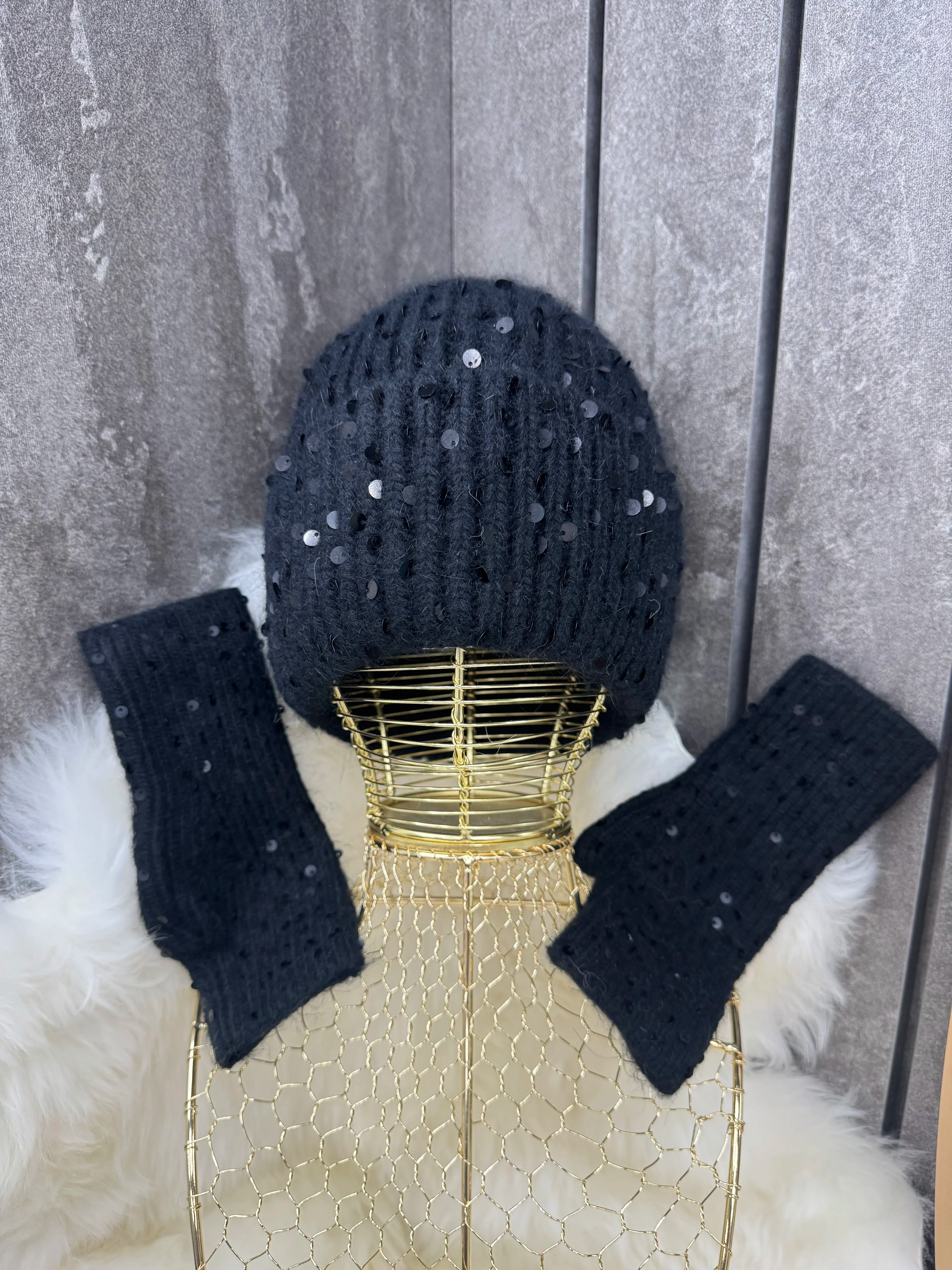 Sequin Hat & Gloves Set – Black