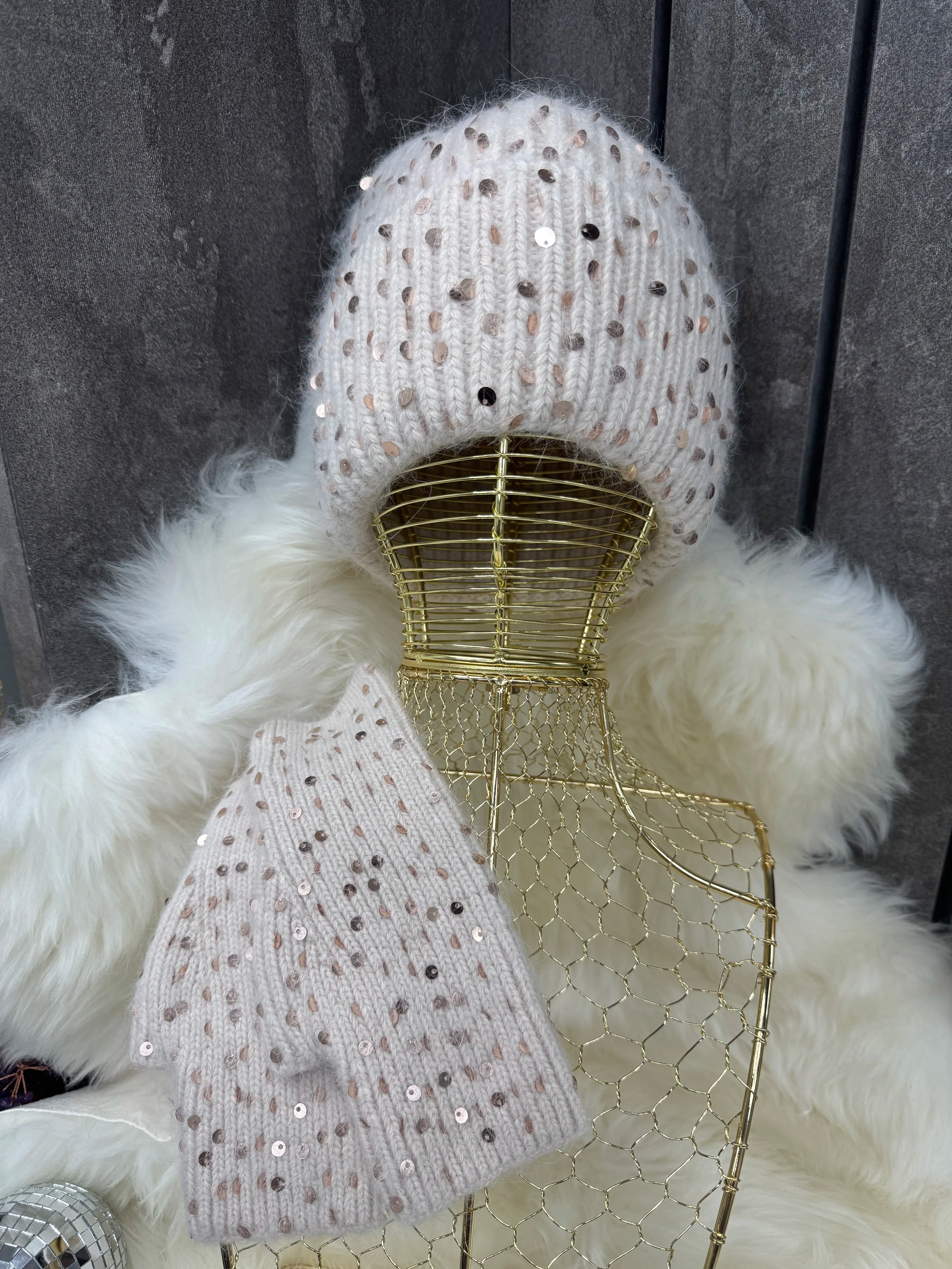Sequin Hat & Gloves Set – Cream