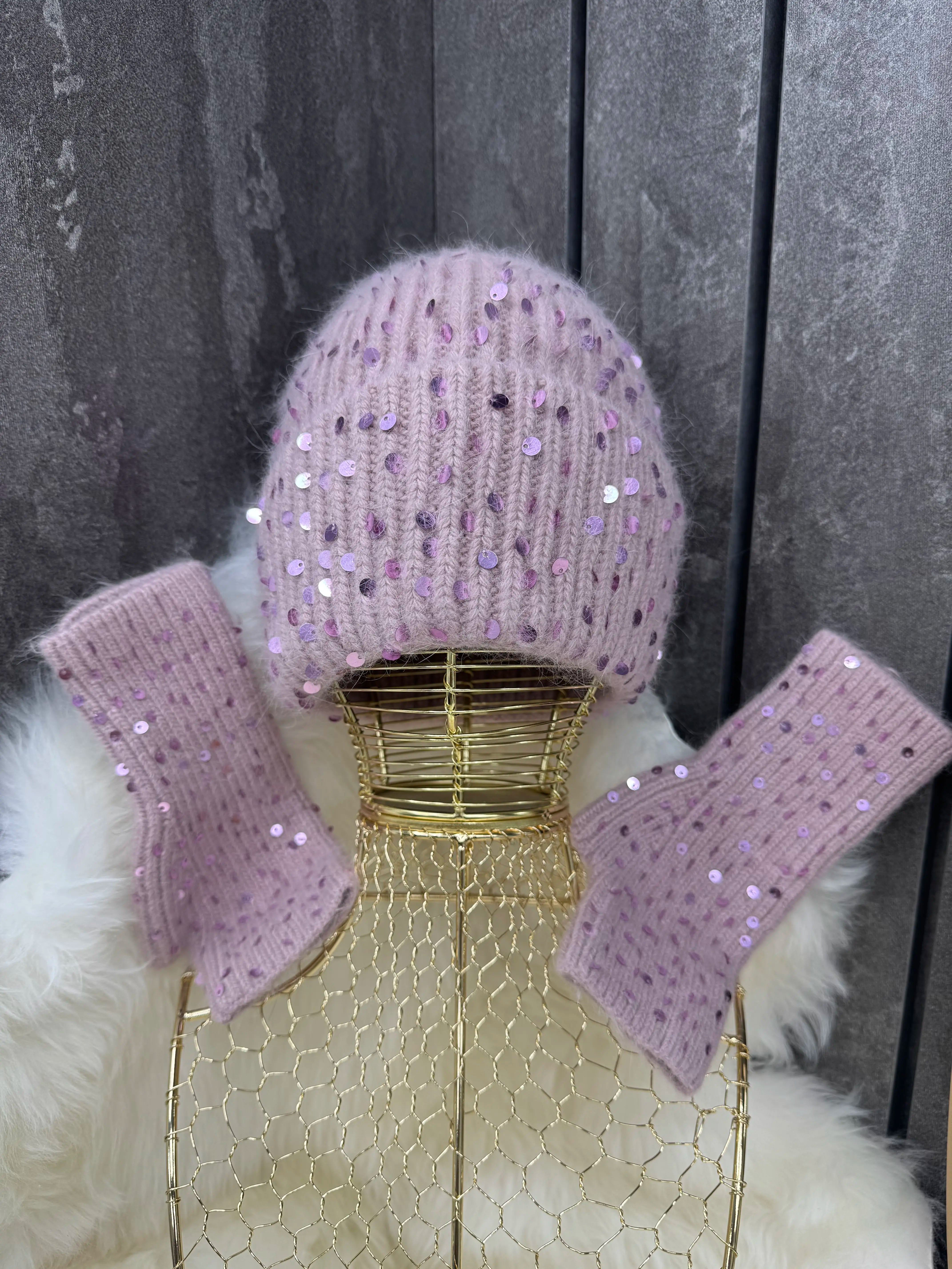 Sequin Hat & Gloves Set – Dusky Pink