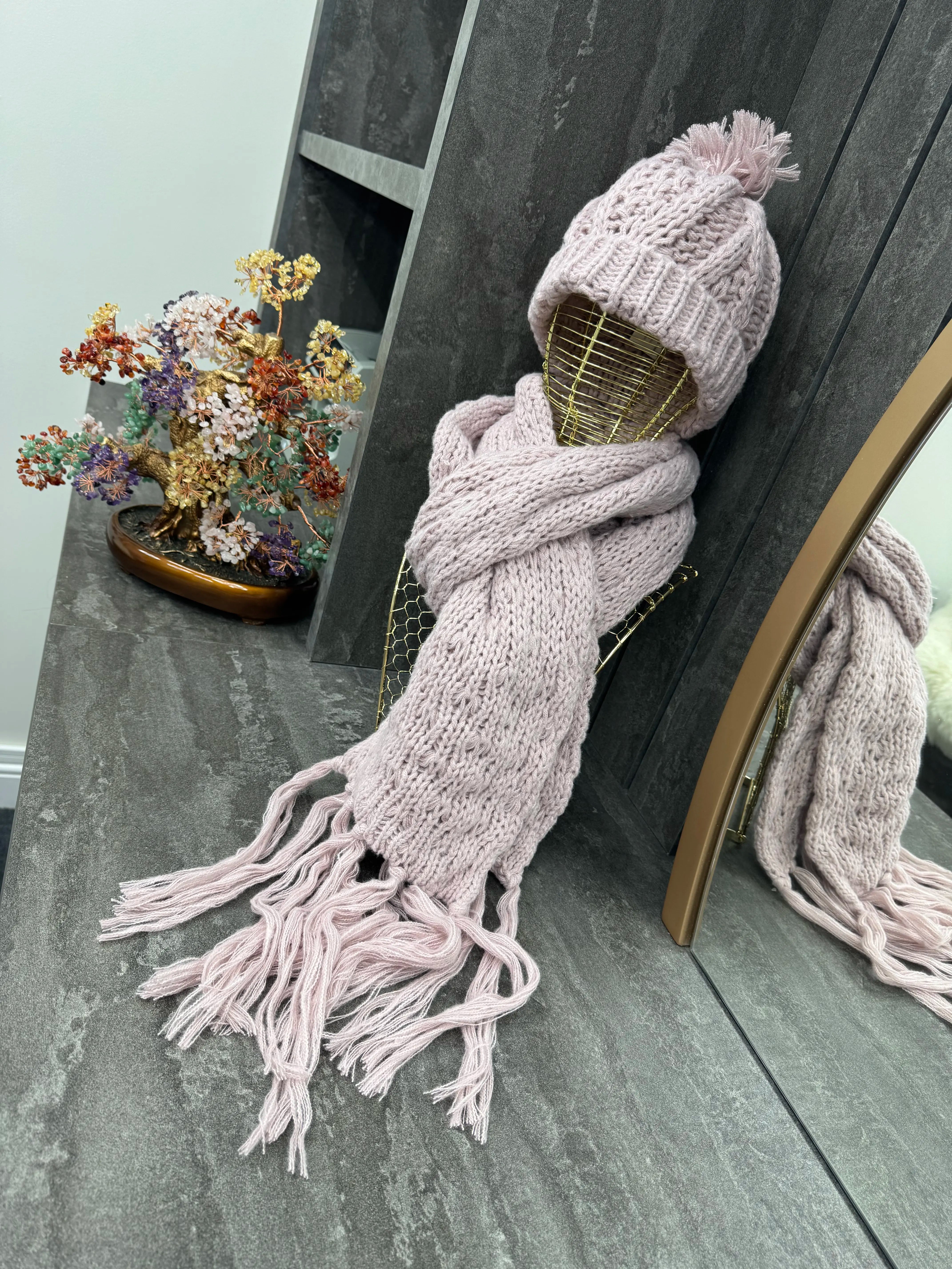 Hand-Knitted Winter Hat & Scarf Set - Dusky Pink