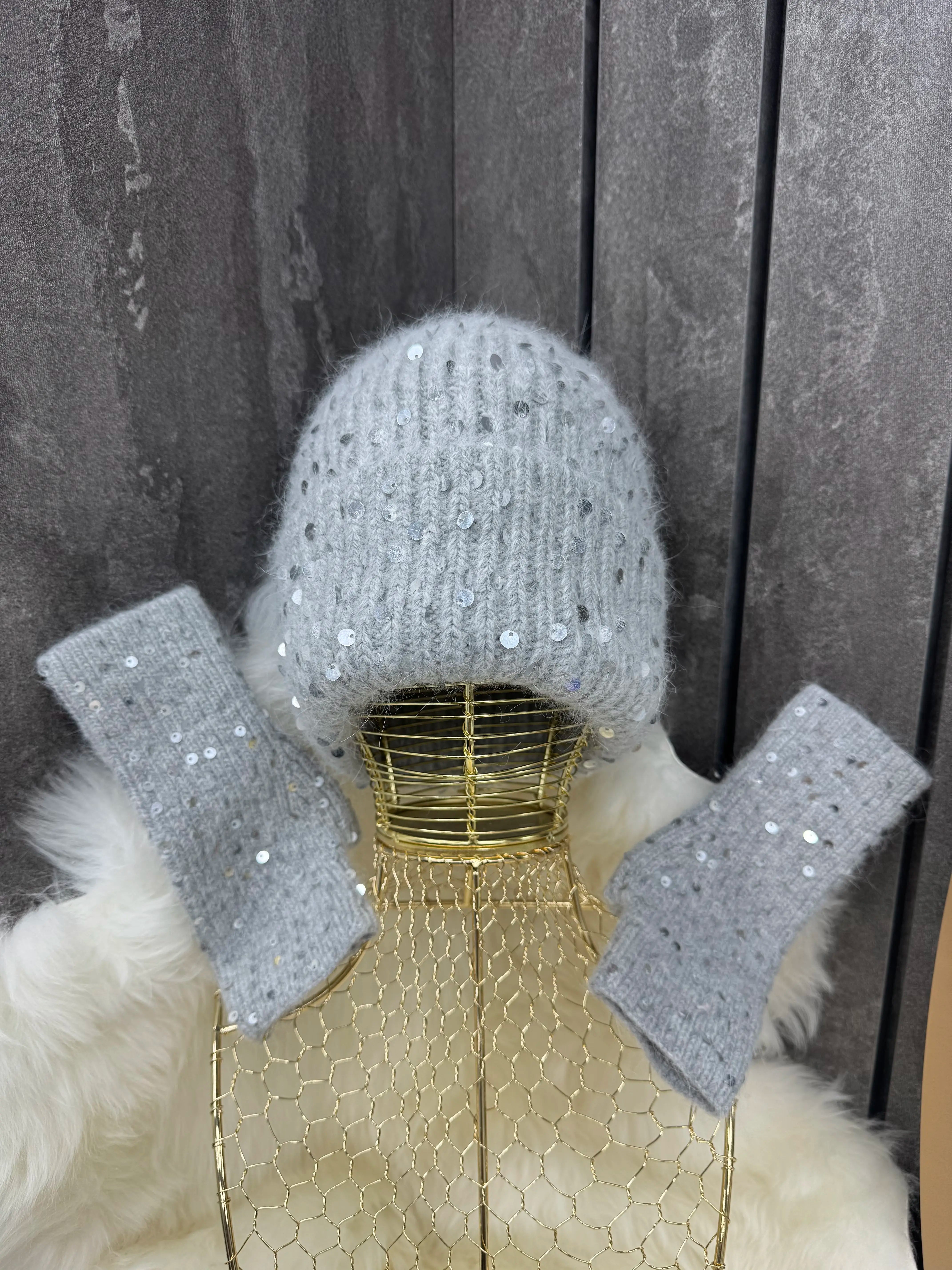 Sequin Hat & Gloves Set – Grey