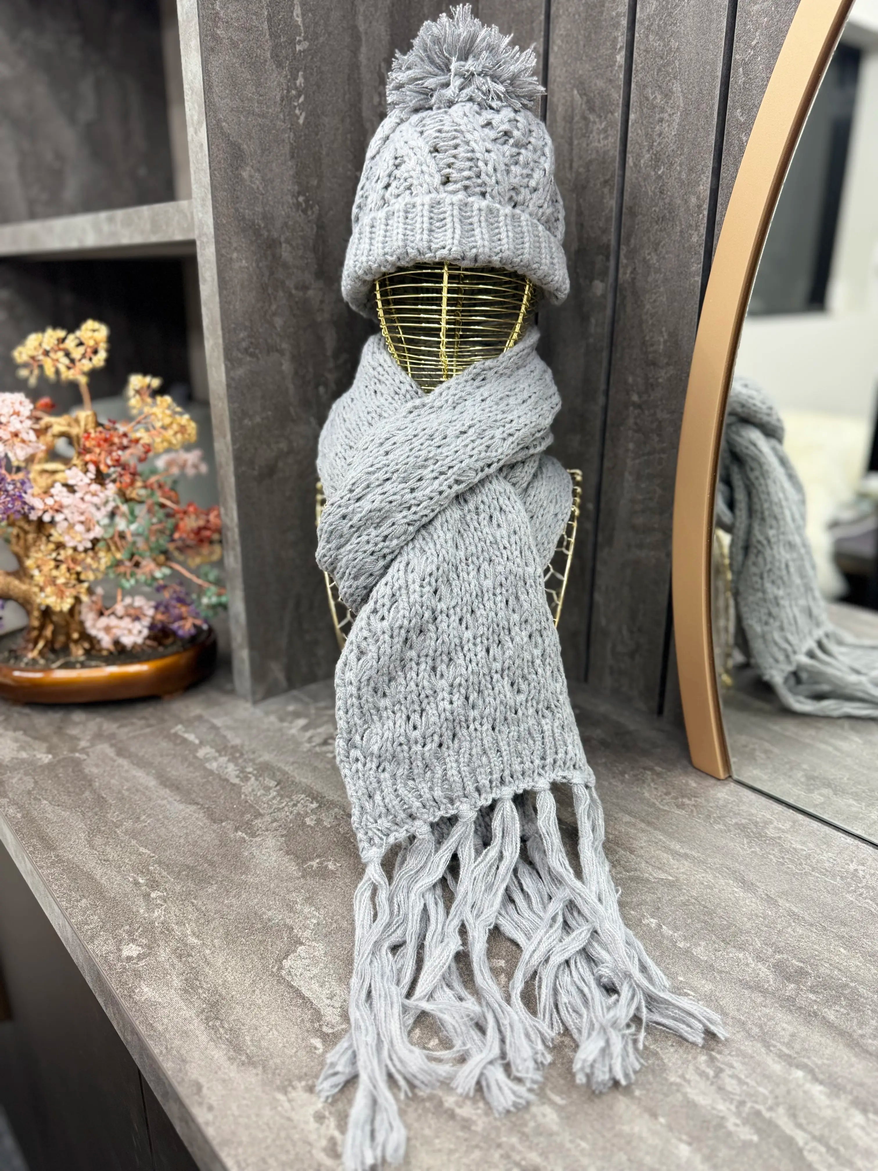 Hand-Knitted Winter Hat & Scarf Set - Grey