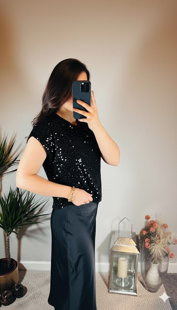 Amelia Sequin Top – Black