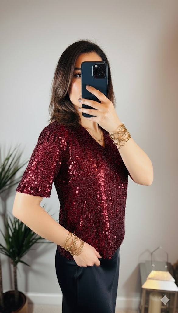 Lola V-Neck Sequin Top – Bordeaux