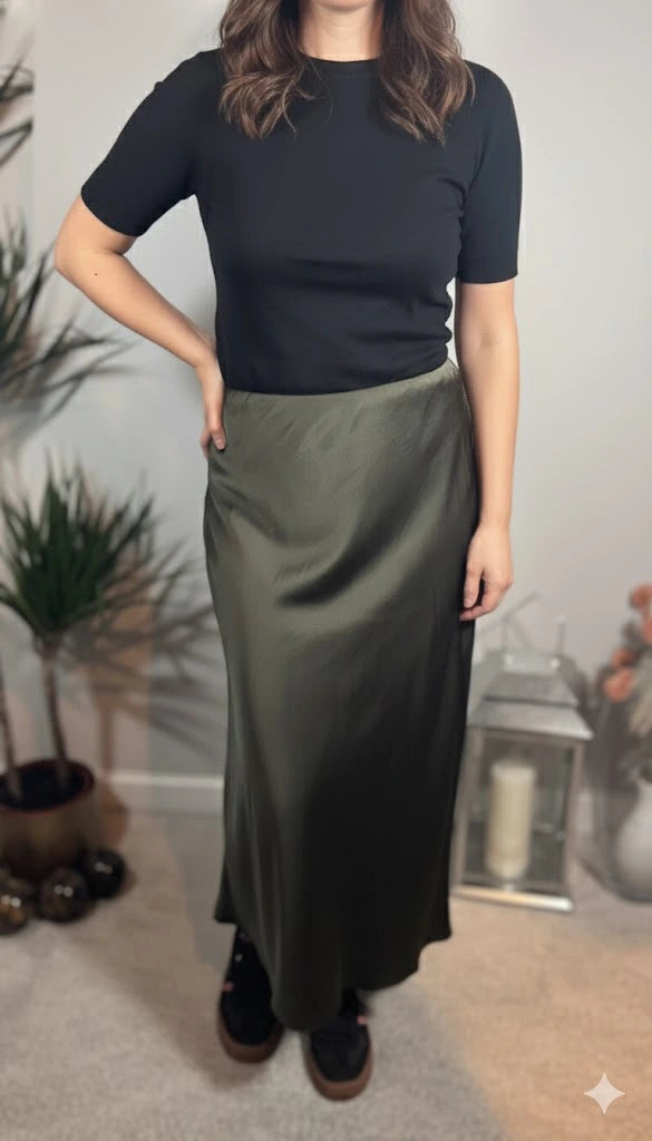 Maya Satin Silk Skirt – Khaki