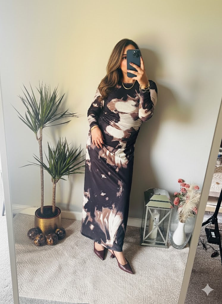 Alessia Floral Mesh Maxi Dress – Mocha Bloom