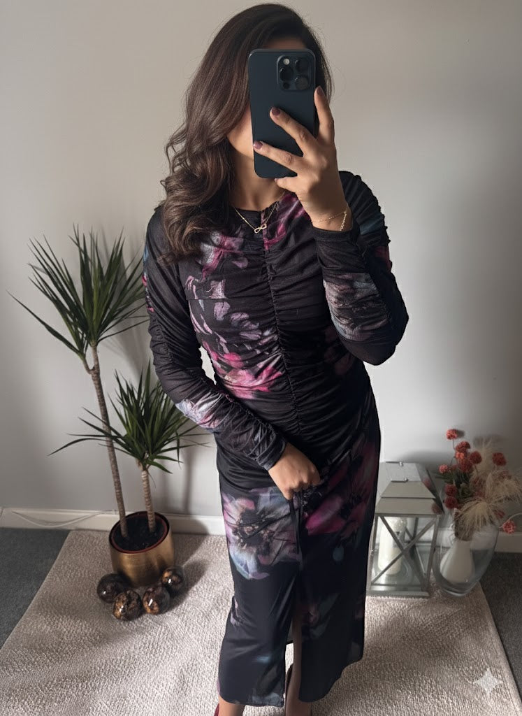 Alessia Floral Mesh Maxi Dress – Midnight Bloom