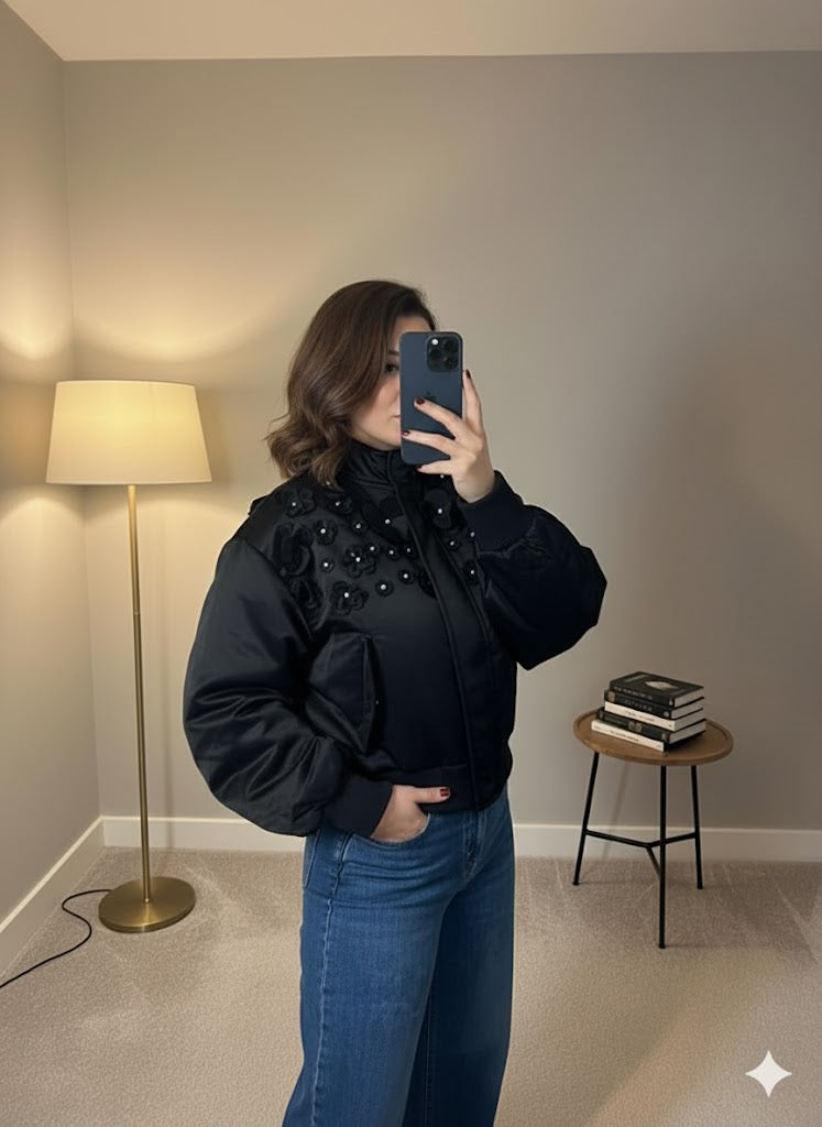 Daisy Embellished Bomber Jacket – Black