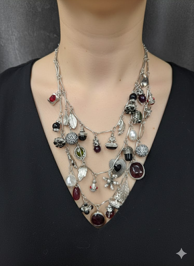Jasmine – Multi-Charm Statement Necklace - Silver