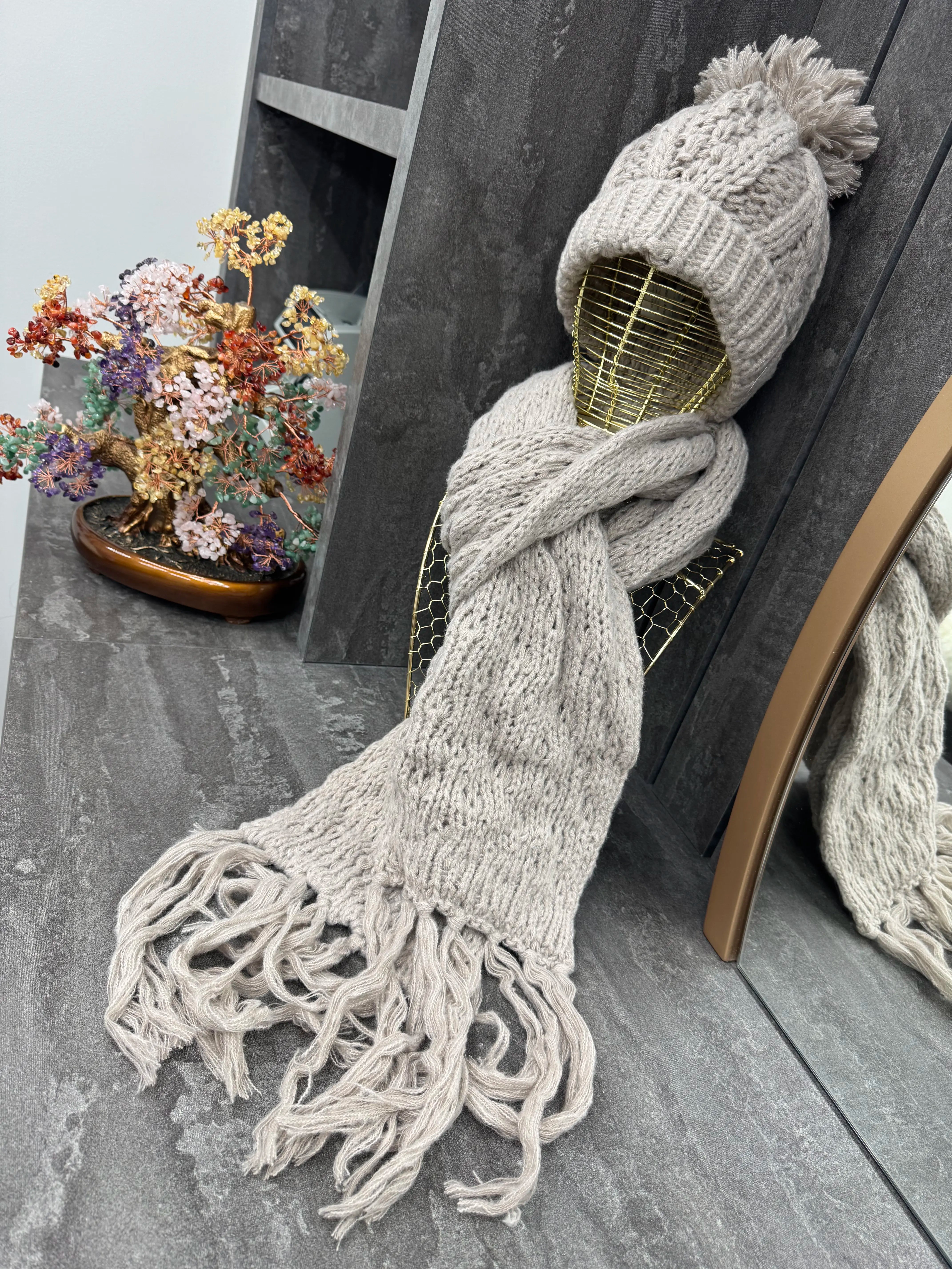 Hand-Knitted Winter Hat & Scarf Set - Mocha