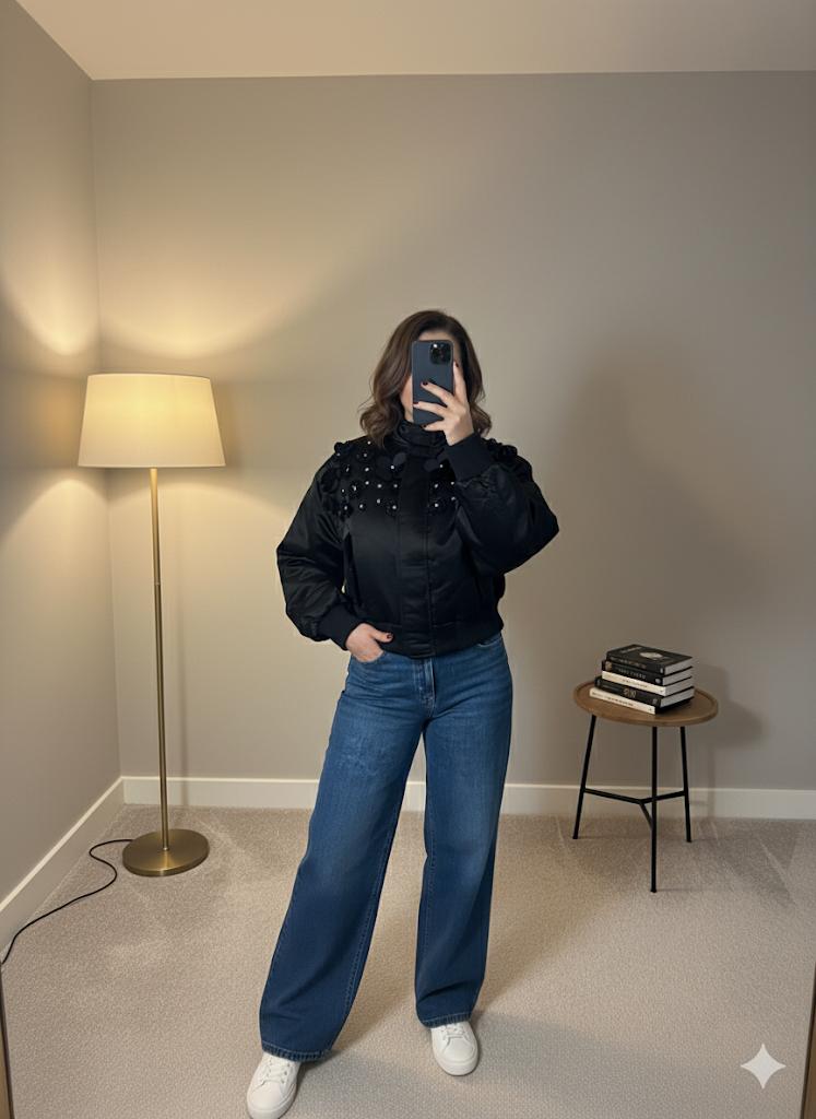 Daisy Embellished Bomber Jacket – Black